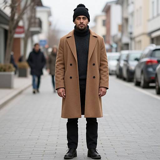 Photograph of a bearded man in a tan overcoat, black beanie, turtleneck, and jeans standing on a blurred city street.