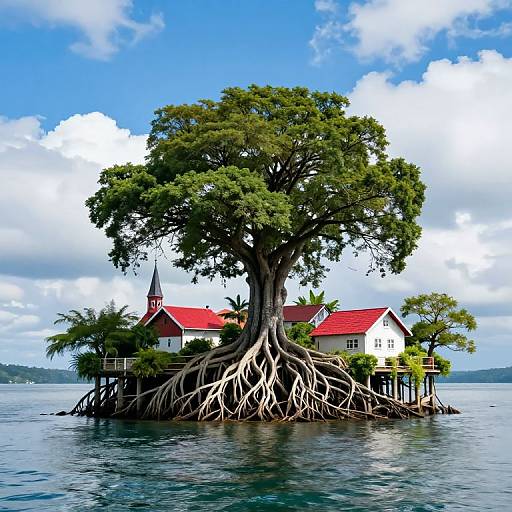 Photograph of a small island with a large tree, white house with red roof, and church steeple, surrounded by calm water under a bright