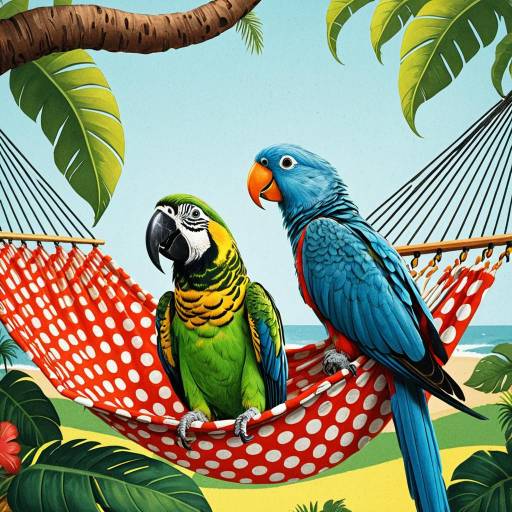 Tropical Parrots on Polka-Dot Hammock