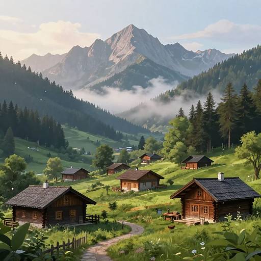 Photograph of a picturesque Alpine village with wooden chalets, lush green hills, misty mountains, pine trees, and a winding path under a clear