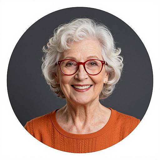 Photograph of a smiling elderly woman with curly white hair, red glasses, and orange knit sweater, set against a dark blue circular background.