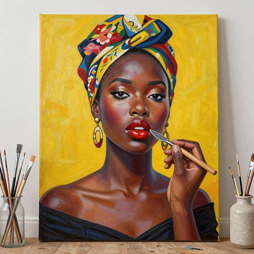 Vibrant portrait of dark-skinned woman with red lips, colorful headwrap, gold earrings, black off-shoulder top, holding lipstick,