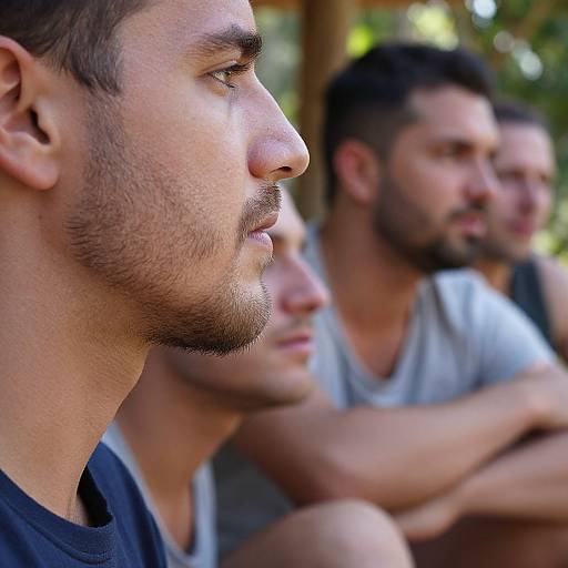 Photograph of three men with close-cropped hair and beards, in profile, sitting outdoors in soft sunlight, wearing casual shirts. Blurred background