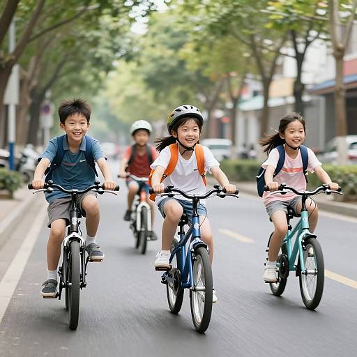 Photograph of three smiling Asian children riding bicycles on a tree-lined street, wearing backpacks and helmets, with a blurred background.