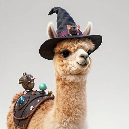 Photograph of a fluffy, light-brown llama wearing a black wizard hat and leather saddle with a small bird and blue orb.
