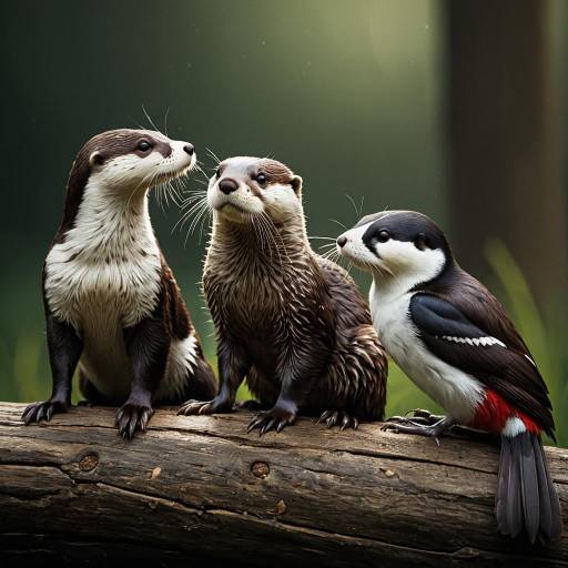 Otters and Woodpecker on Log