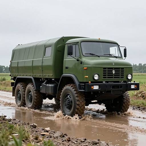 Photograph of a large, military-style, green, six-wheel-drive truck with a covered cargo area, driving through muddy water on a rural road.