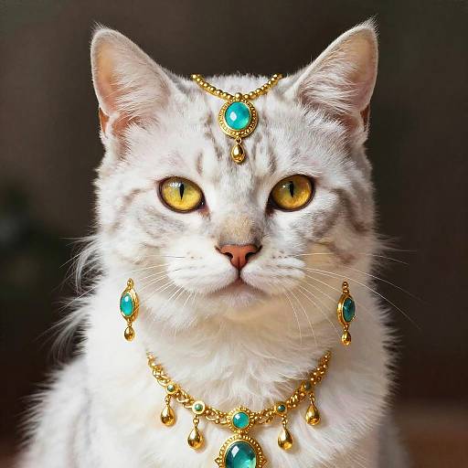 Photograph of a regal white cat with golden eyes, adorned with gold jewelry featuring turquoise gems, set against a dark, blurred background.