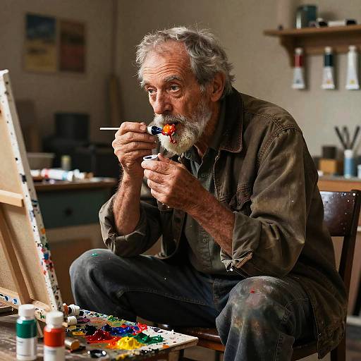 Old Man Eating Paint in Rustic Studio