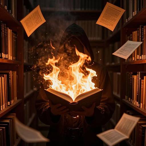 Photograph of a hooded figure with flames erupting from an open book, surrounded by floating papers in a dimly lit library.