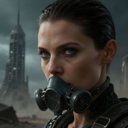 Photorealistic digital artwork of a stern-faced woman with wet dark hair, wearing a gas mask, in a dystopian, cloudy urban background.
