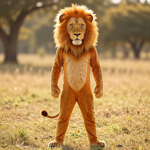 Photograph of a realistic lion mascot costume standing in a sunlit savanna, with a detailed mane, golden fur, and a serious expression. Bl