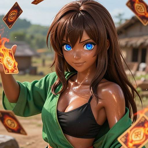 Digital anime-style artwork of a glowing-eyed, brown-haired girl with shiny skin, wearing a green top and black bra, conjuring fiery cards in a