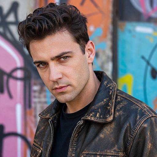 Photograph of a handsome, light-skinned man with dark, curly hair, wearing a black leather jacket over a black shirt, standing against a colorful