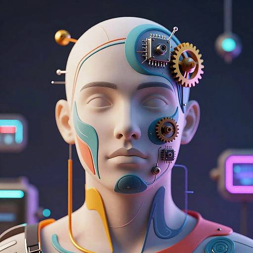 Digital CGI of a bald, human-like robot with cybernetic gears and wires on the face, wearing a colorful, mechanical outfit. Neon-lit