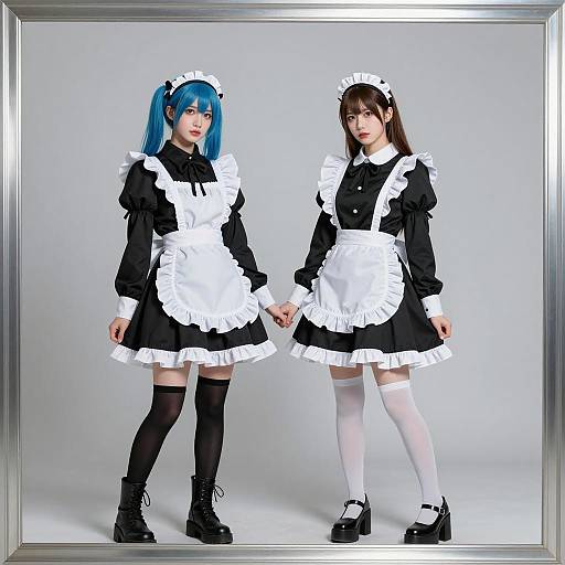 Two Women in Black and White Maid Outfits Holding Hands