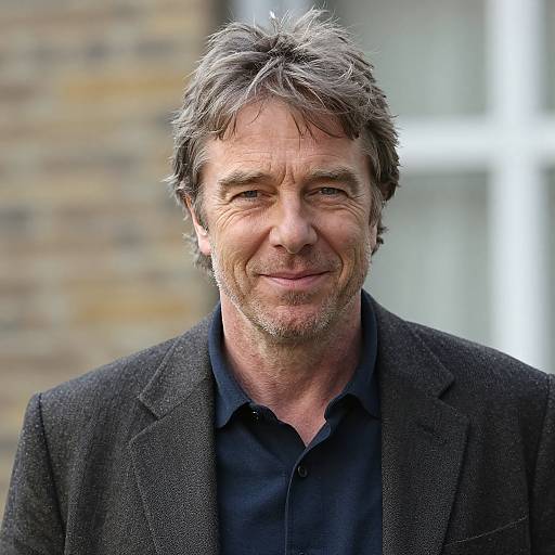 Photograph of a middle-aged man with tousled gray hair, light stubble, wearing a dark gray blazer over a black shirt, smiling subtly