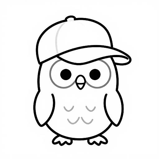 Black and white cartoon owl wearing a baseball cap, with large round eyes, small beak, and simple wings and feet, standing upright.