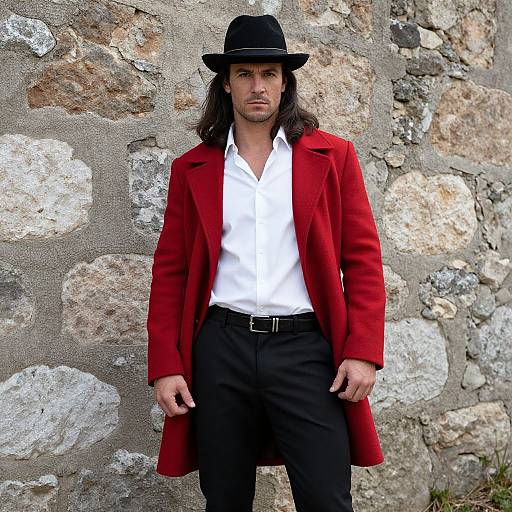Photograph of a man with long dark hair, black hat, red coat, white shirt, black pants, standing against a stone wall.