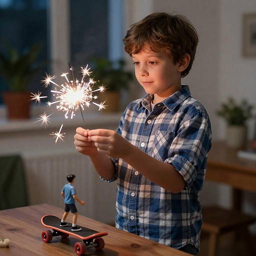 Boy Holding Sparkler Indoors at Night