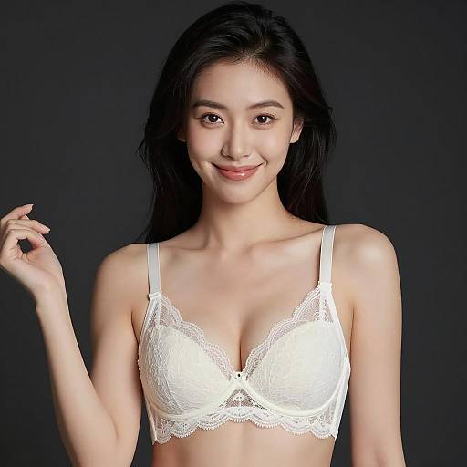 Asian Woman in White Lace Bra Smiling