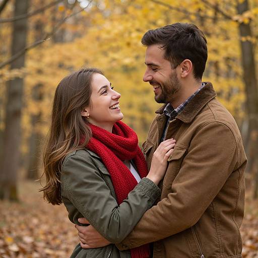Photograph of a smiling couple in autumn forest, woman in green jacket and red scarf, man in brown jacket, embracing warmly.