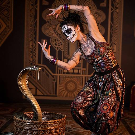 Digital artwork of a tattooed, white-masked dancer in intricate, patterned clothing, kneeling before a large, ornate snake in a dark,