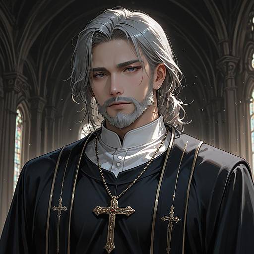 Mature Grey-Haired Priest in Robes