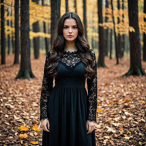 Woman in Black Lace Dress Standing in Autumn Forest