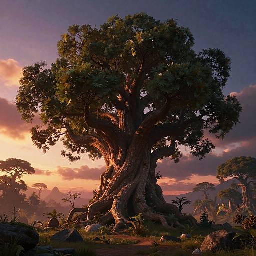 Photorealistic digital art of a massive, ancient tree with twisted trunk, surrounded by rocks and greenery at sunset, with a vibrant orange and purple