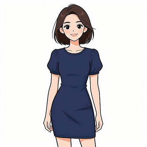 Digital anime-style drawing of a smiling young woman with short brown hair, wearing a navy blue, short-sleeved, form-fitting dress. White