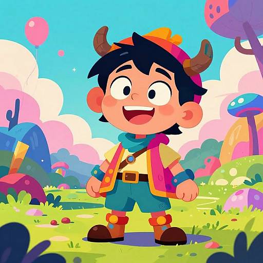 Colorful cartoon of a smiling boy with horns, blue shorts, pink vest, and red hat, standing in a vibrant, fantasy forest.