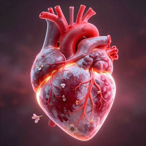 Digital illustration of a glowing, red and white heart with illuminated arteries, surrounded by a dark purple background and floating flowers.