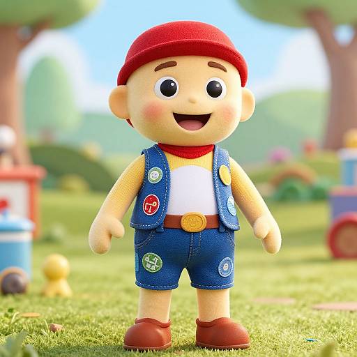 CGI image of a cheerful, cartoon-style child with a red cap, blue vest with patches, white shirt, blue shorts, and brown shoes,