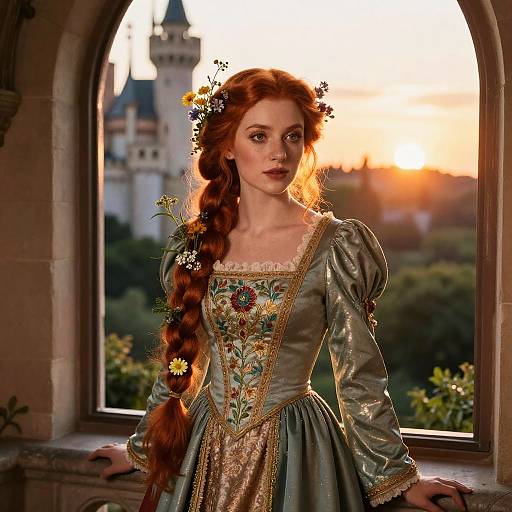 Photograph of a red-haired woman with a braided flower crown, wearing a medieval-style green dress with intricate embroidery, standing in a sunlit window