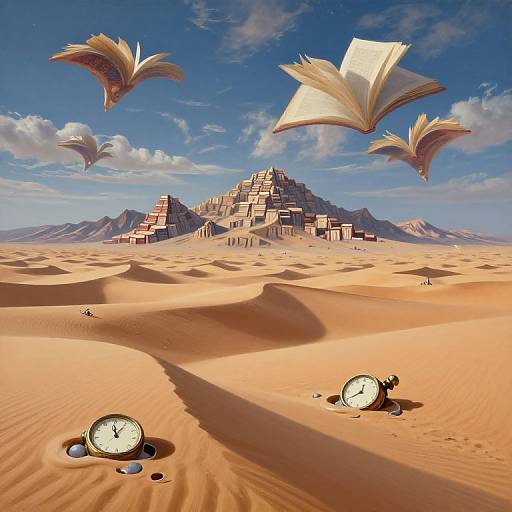 Surreal digital art: floating open books above a desert with a pyramid-like structure, two clocks in the sand under a blue sky.