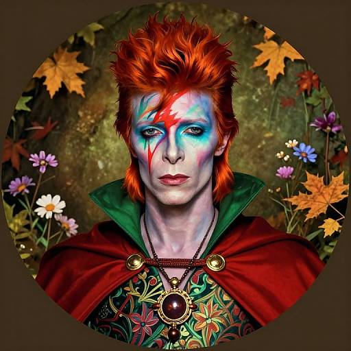 Digital painting of a pale, red-haired male with blue and red face paint, wearing a green collar, red cape, and floral necklace, surrounded by