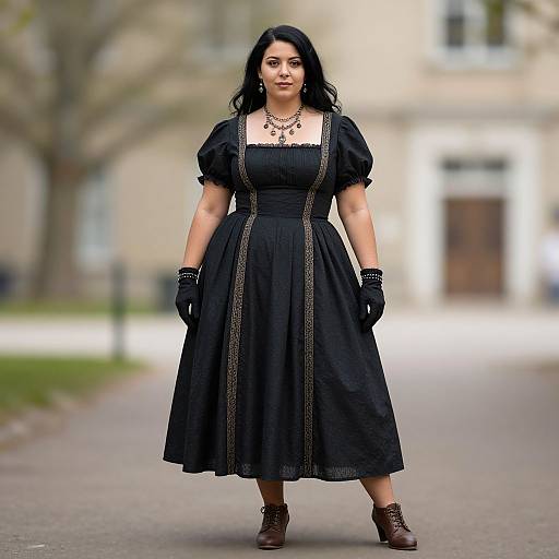 Photograph of a confident South Asian woman with long black hair, wearing a black Victorian-style dress, gloves, necklace, and brown boots, standing on