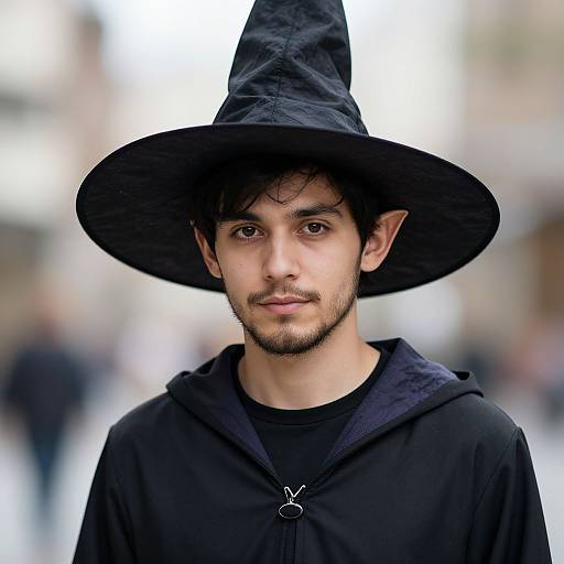 Photograph of a young man with light olive skin, dark hair, and beard, wearing a black witch hat and black hoodie, standing in a blurred