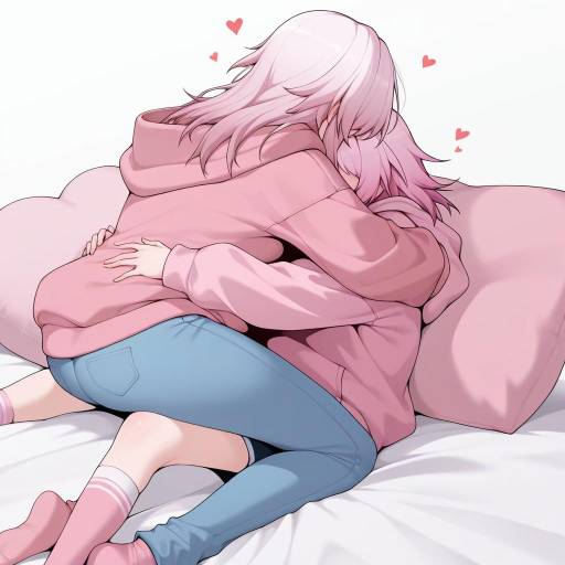 Cute Girls in Pink Hoodies Embracing