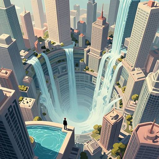 Digital illustration of a futuristic city with towering skyscrapers, two massive waterfalls cascading into a circular pool below, and a lone figure standing at