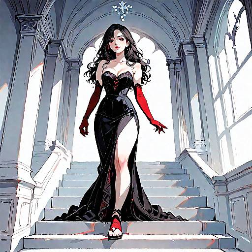 Elegant Woman in Black Dress on Gothic Staircase