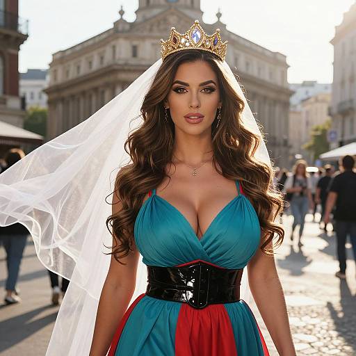 Photograph of a voluptuous woman with long brown hair, wearing a blue-red dress, black corset, gold tiara, and white veil,