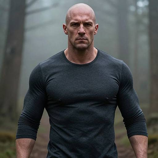 Photograph of a muscular, bald, serious-looking man with a defined jawline, wearing a tight, black, long-sleeve shirt, standing
