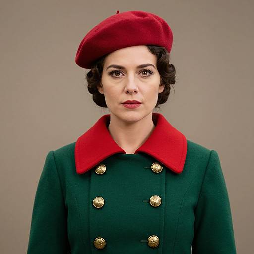Photograph of a fair-skinned woman with dark, wavy hair, wearing a red beret, green coat with red collar, and gold buttons