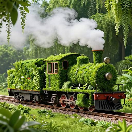 Photorealistic CGI of a lush, green, leaf-covered steam train puffing white smoke on a forested track, surrounded by dense foliage.