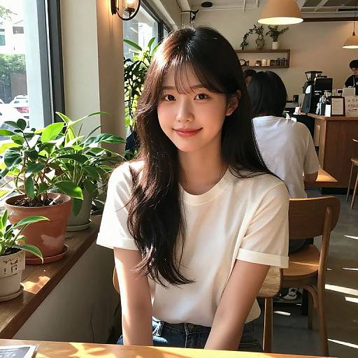 Photograph of an East Asian woman with long black hair, wearing a white t-shirt, smiling in a sunlit café with potted plants and wooden