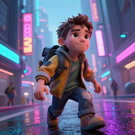 CGI image of a cute, young boy with messy brown hair, wearing a yellow jacket, backpack, and ripped jeans, walking in a neon-l