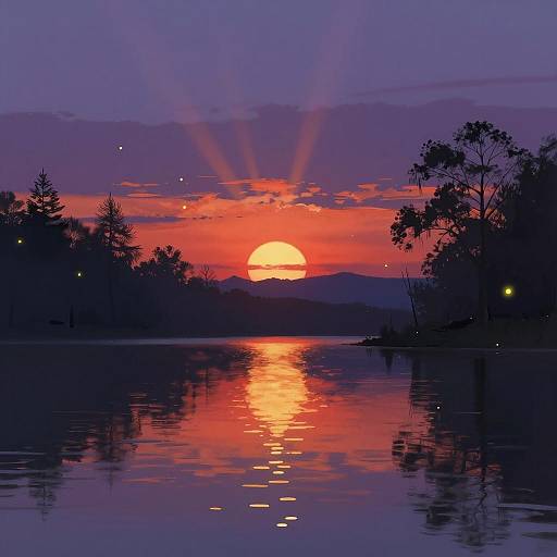 Vivid Sunset Over Calm Lake with Fireflies