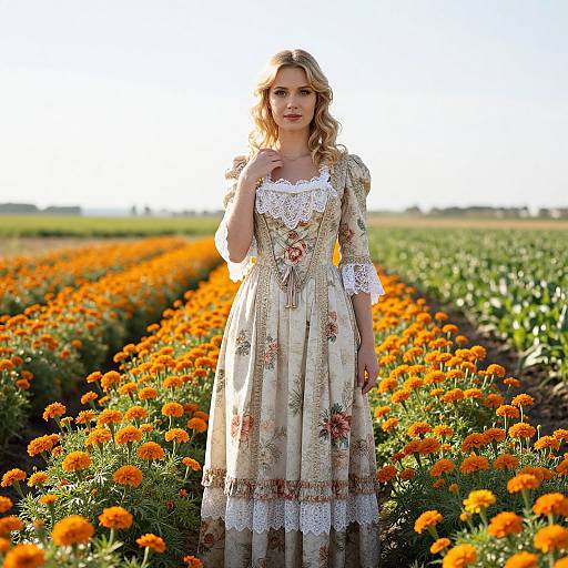 Photograph of a blonde woman with wavy hair, wearing a floral lace dress, standing in a vibrant orange marigold field.